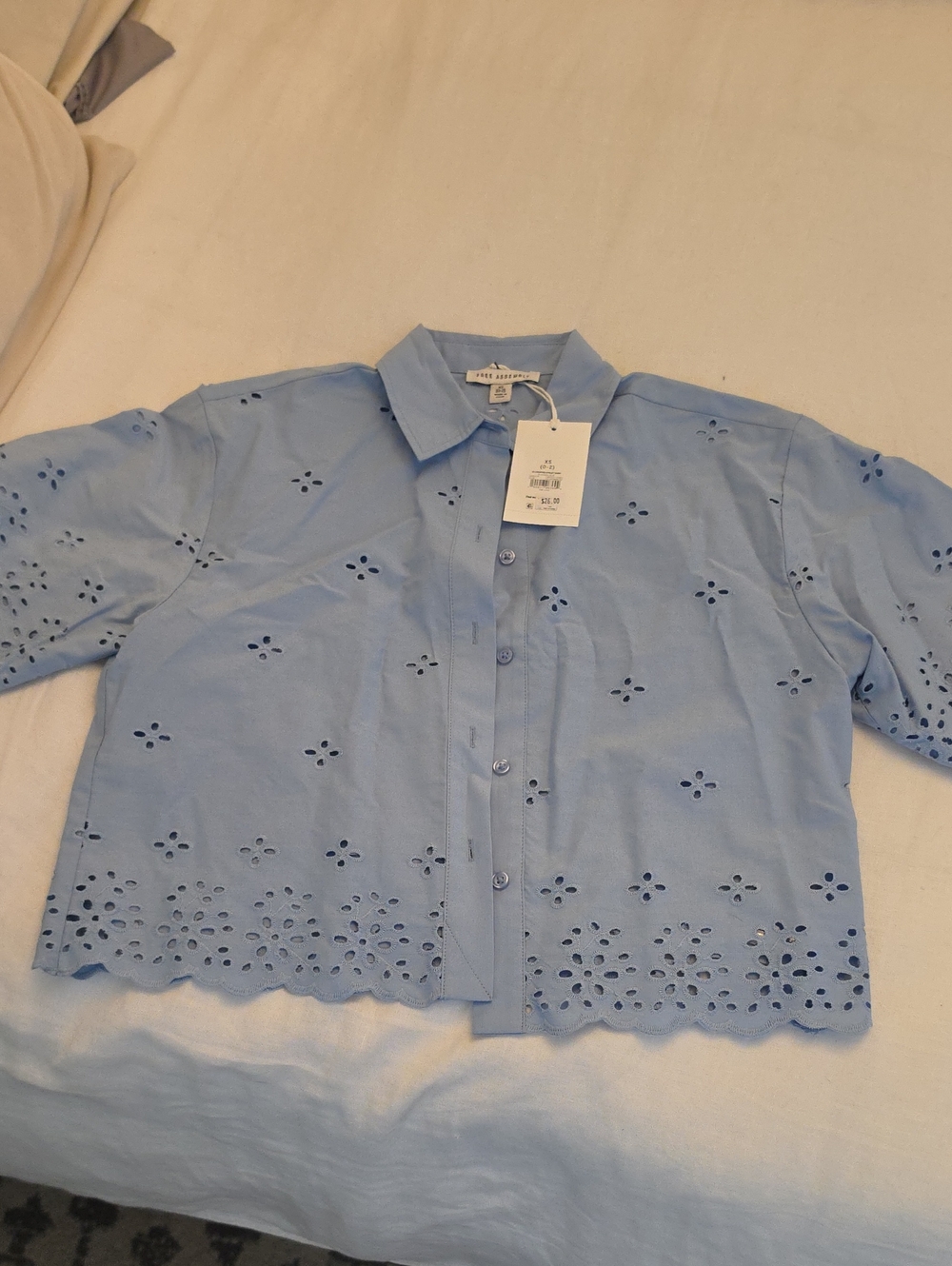 Cropped Light Blue Eyelet Button-Down Shirt